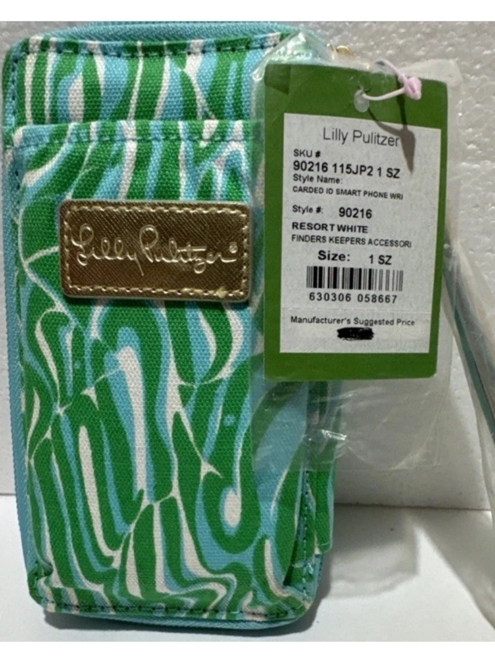 Lilly Pulitzer Wristlet Zip-Around Wallet Abstract Pattern Green Blue White Pink